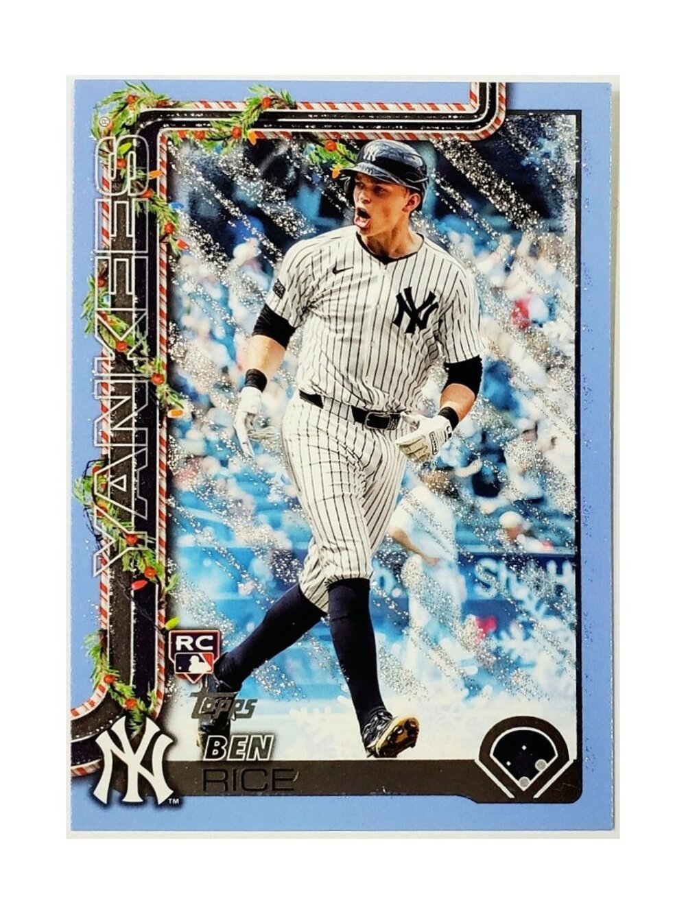 BEN RICE ROOKIE LIGHT BLUE & WHITE GLITTER VARIATION 2025 TOPPS HOLIDAY #H8